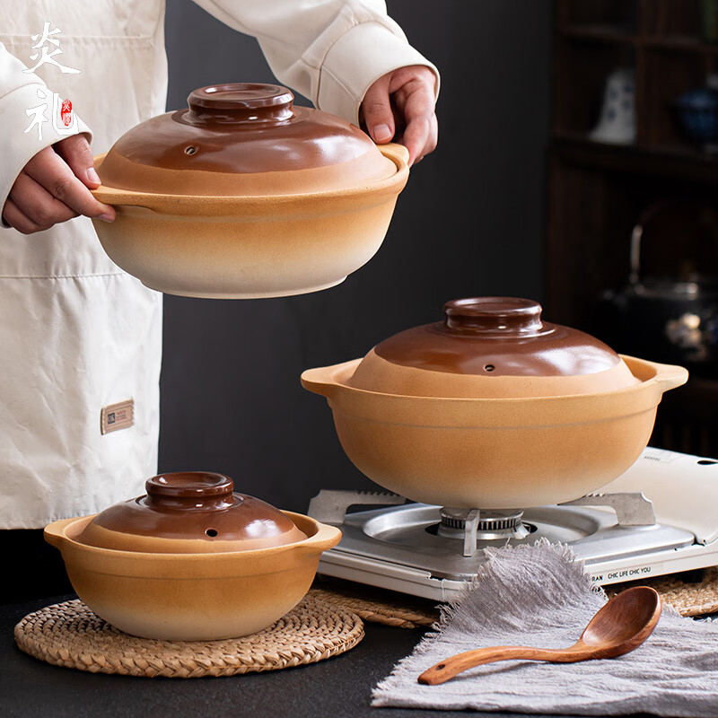 炎礼陶瓷老式砂锅煲家用汤锅煲仔饭燃气灶明火专用耐高温干烧不裂 30#复古平煲（有盖） 适用7-10人 4000ml