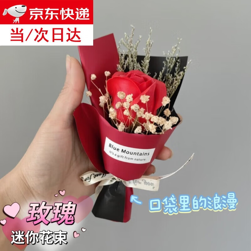 皓梵洁口袋花束迷你小花束手捧花玫瑰干花假花永生花教师节礼物见面鲜花 口袋里的浪漫【红玫瑰一束】