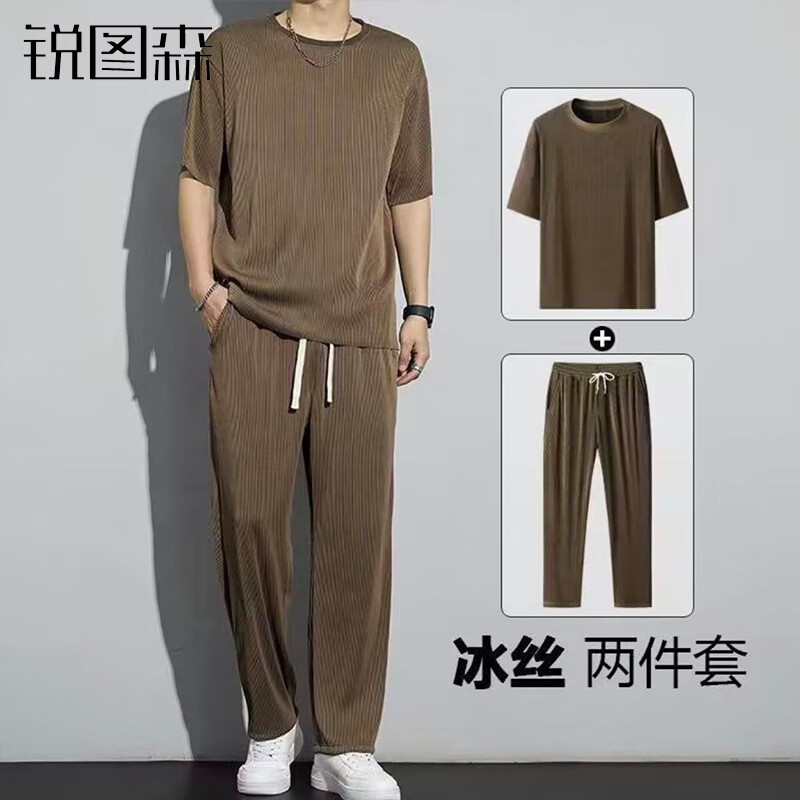 锐图森热销爆款冰丝罗纹套装夏季冰丝运动套装男垂感速干短袖长裤两件套 黑色 XL（建议110-130斤）