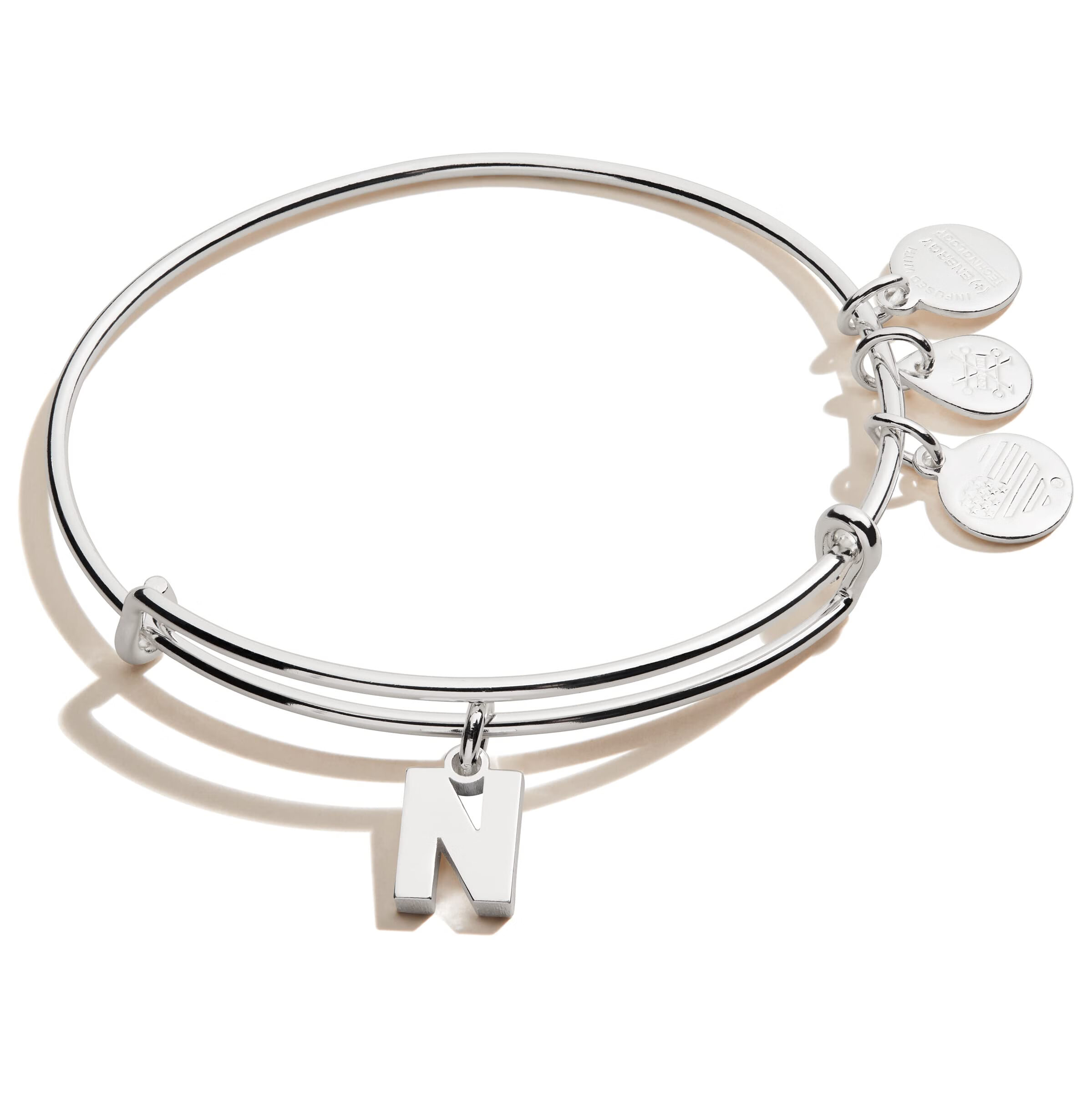 Alex and ani 女士字母手链 可调节开口手环 A-Z英文字母吊坠 闪亮银色表面 均码