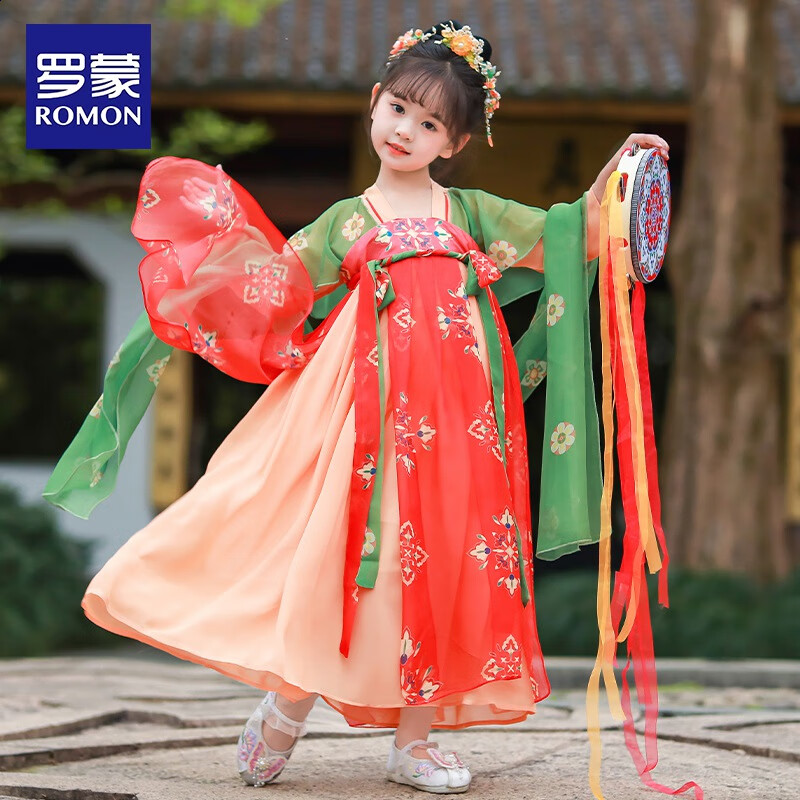 罗蒙儿童中国风原创齐胸襦裙2026款唐装女童汉服夏季毕业演出服 HQ1115 红色襦裙 100