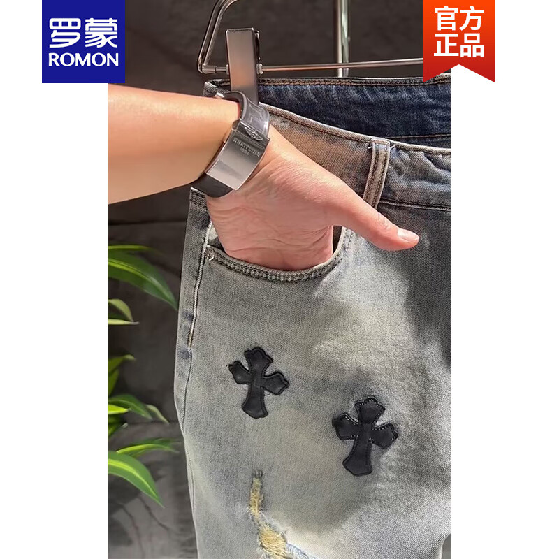 罗蒙(ROMON)夏季复古水洗破洞牛仔短裤男士百搭休闲五分裤时尚宽松中裤子新品 浅蓝色 31
