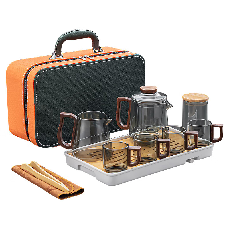 正扬玻璃旅行茶具套装办公便携高档整套一壶四杯功夫茶盘杯商务伴手礼 7头烟灰/木语壶+茶海+4木语杯+茶罐+巾夹+长条白+橙包