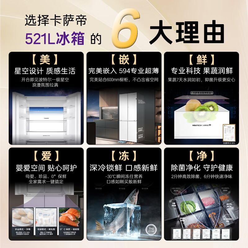 卡萨帝（Casarte）星空521升594mm专业超薄零嵌入式双系统十字四开门一级能效国家补贴冰箱BCD-521WGCTDM4WKU1