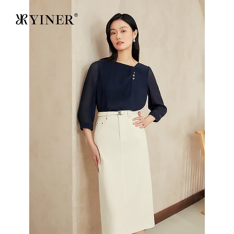 音儿（YINER）音儿女装夏季优雅时尚不对称领100桑蚕丝真丝衬衫上衣 藏蓝 M