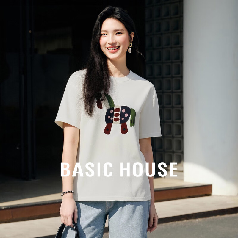 Basic House/百家好韩版撞色卡通圆领T恤女夏季新款减龄短袖上衣 白色 L
