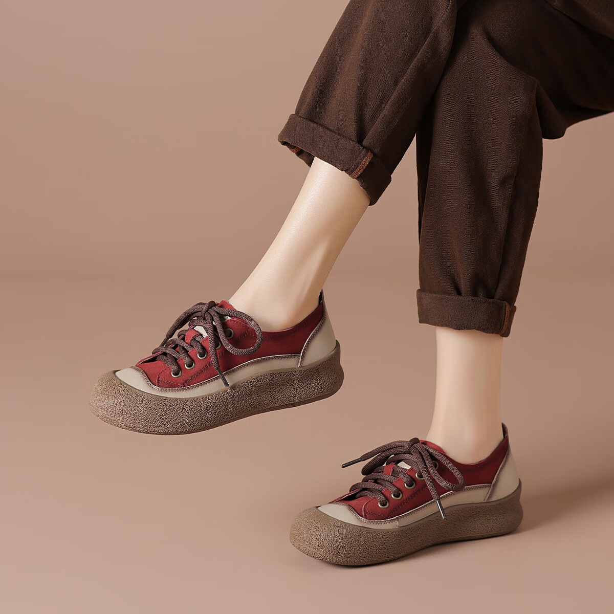 波尔谛奇（BOERDIQI）2025新款复古增高拼色舒适休闲运动板鞋百搭大头女鞋子 红色 39