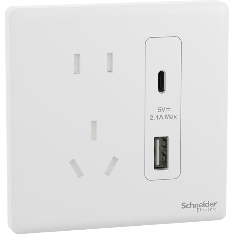 施耐德電氣五孔帶(Type A+C)USB電源插座面板(2.1A)86型暗裝 珍鉑 絲絨白