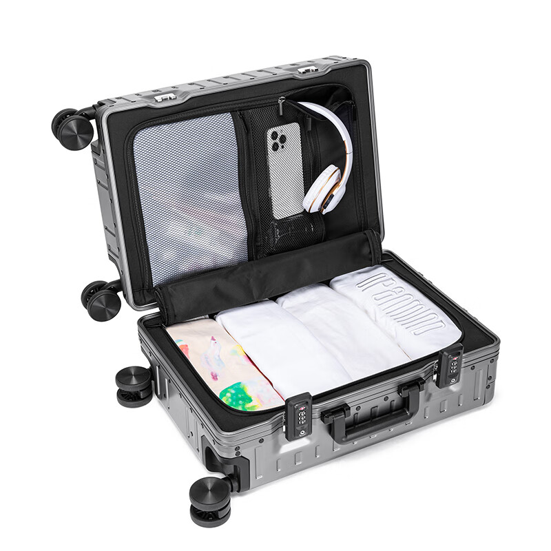 Walker Shop行李箱全铝镁合金旅行箱前开盖商务登机箱男女铝框万向轮拉杆箱子 黑色 20英寸