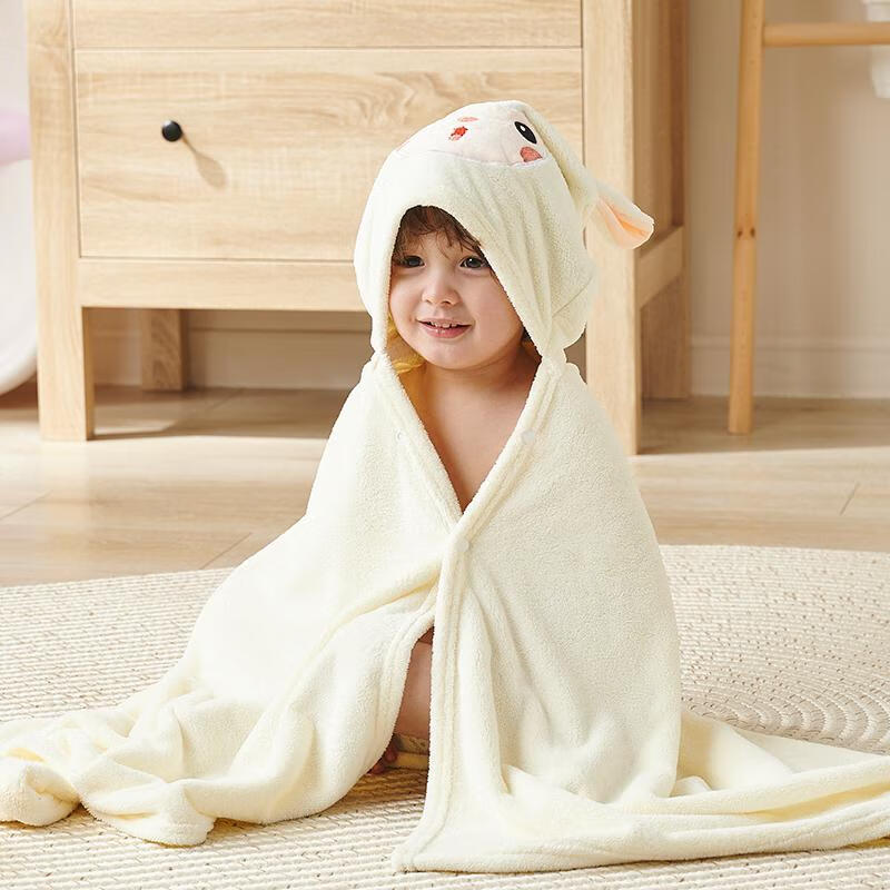 貝殼日記兒童連帽浴巾斗篷帶帽披風(fēng)嬰童珊瑚絨浴袍70*140cm 米色小羊
