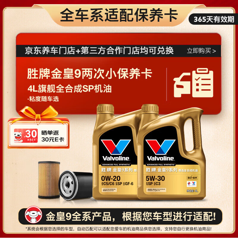 胜牌（VALVOLINE）金皇9 全合成机油 小保养两次卡 4L机油+机滤+工时 12个月有效期