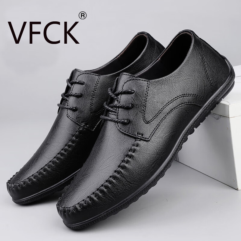 VFCK官方正品男鞋2025新款真皮透气商务休闲皮鞋男软皮软底系带驾车鞋 黑色CK-9810 46 (280mm) 标准皮鞋尺码