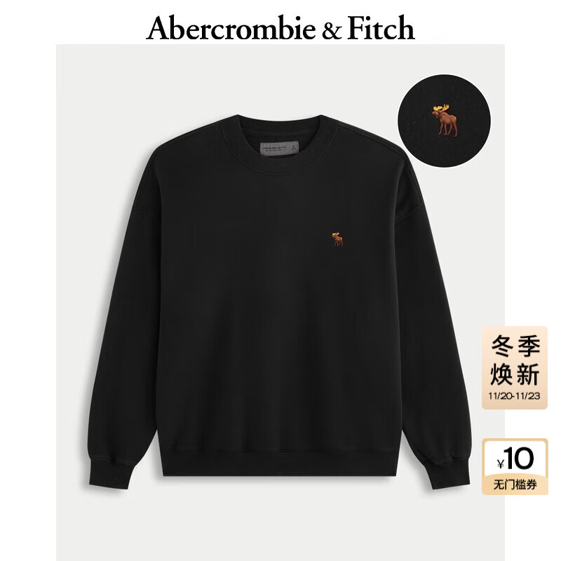 Abercrombie &amp; Fitch经典小麋鹿图案男装25秋冬新款美式保暖抓绒圆领卫衣122-5535 黑色 S (175/92A) 尺码偏大，建议小一码
