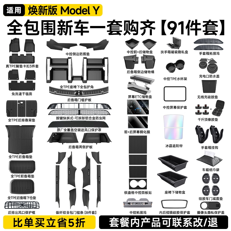 FOLOMODO適用特斯拉煥新版ModelY后備箱側(cè)邊護(hù)板全包絨面護(hù)角兩側(cè)防護(hù)墊 煥新Y【頂配豪華91件套大禮包】一套配齊