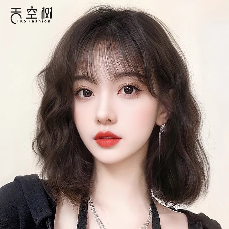 天空树假发女全头头套蕾丝款真人发丝轻薄透气短发波波头整顶卷发假发套 全蕾丝内网 【自然色 】 中发 35cm