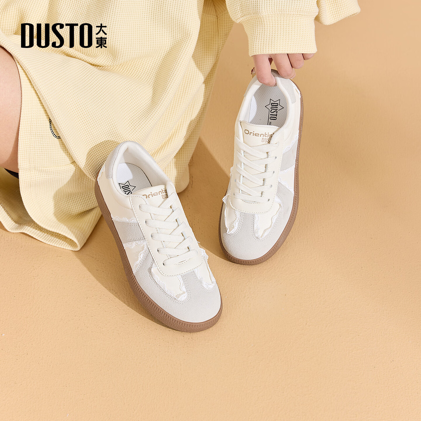 大东德训鞋女鞋2025年秋季新款时尚系带圆头拼色休闲鞋7720 米色 38