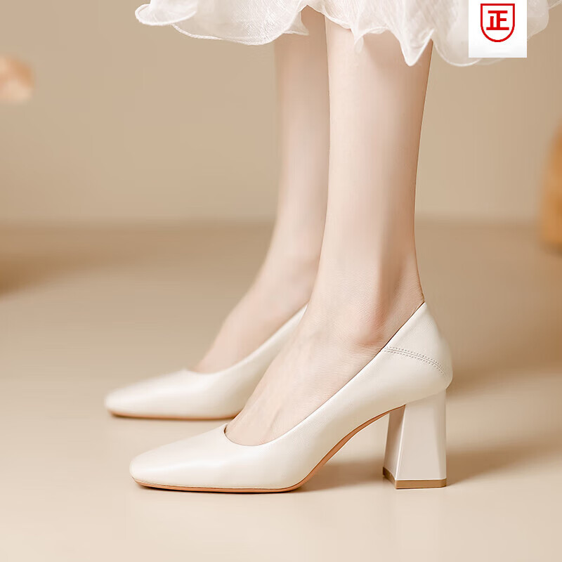 百麗踏系列品牌斷碼2025年春季新款奶奶鞋女真皮方頭軟皮高跟鞋職業(yè)工作 米白色 【內(nèi)外真皮】 37