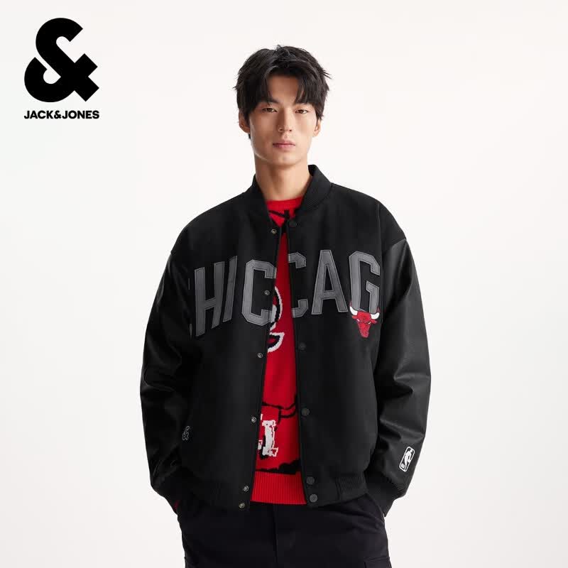 杰克·琼斯（JACK&amp;JONES）【NBA联名】26年男装秋冬季羽绒服男中厚款棒球领宽松保暖厚外套 E40黑色 第一批 XL （185）