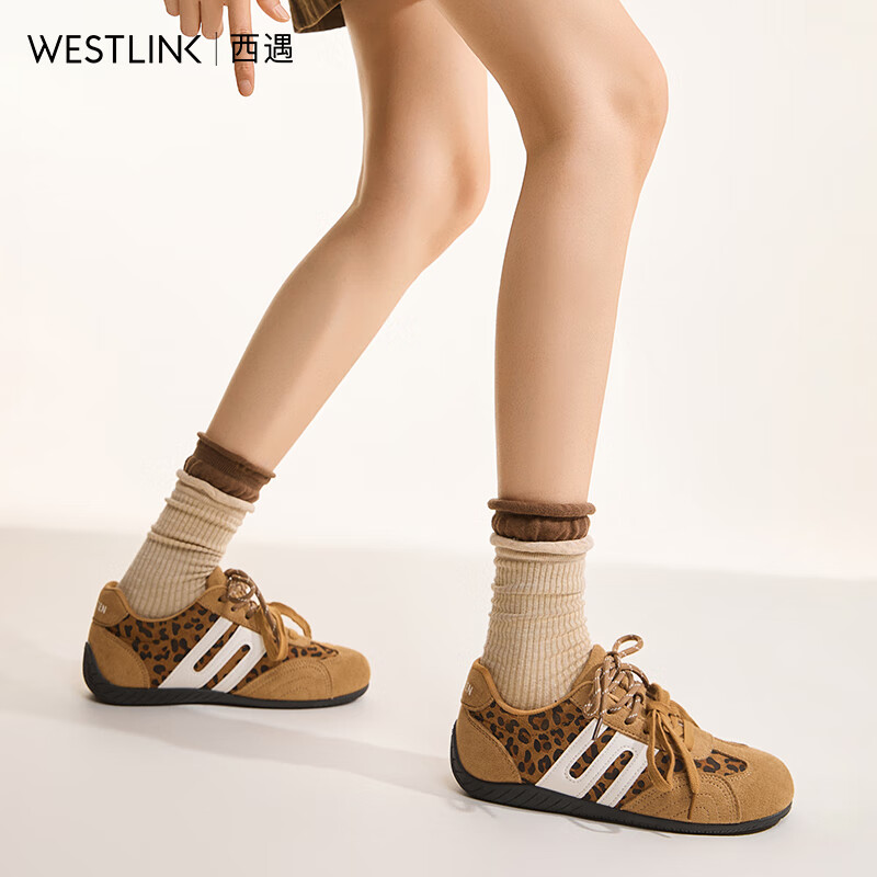 西遇（Westlink）软底德训鞋女2025新款秋季超火双鞋带豹纹休闲红色平底运动鞋 豹纹色 (预售15天） 38 (240)