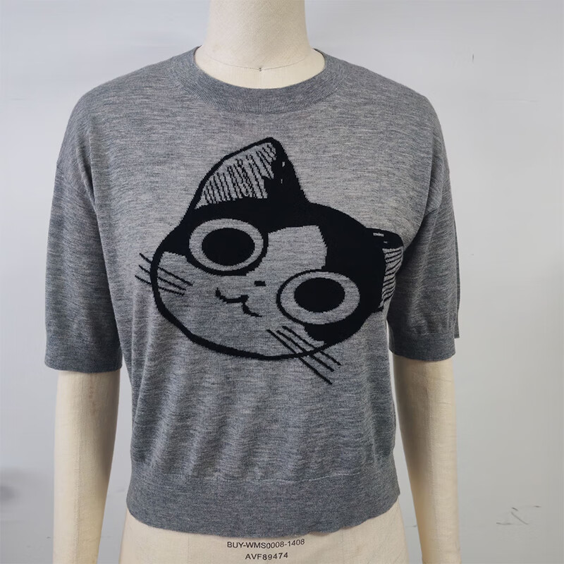 德凯佳精纺猫咪图案圆领短袖T恤针织衫女新款夏季百搭上衣 灰色 XL