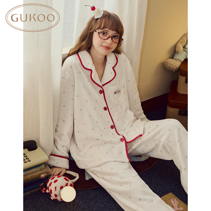 果壳（Gukoo）睡衣女冬季原创轰轰小狗毛绒保暖卡通翻领女家居服套装 雅士白 L