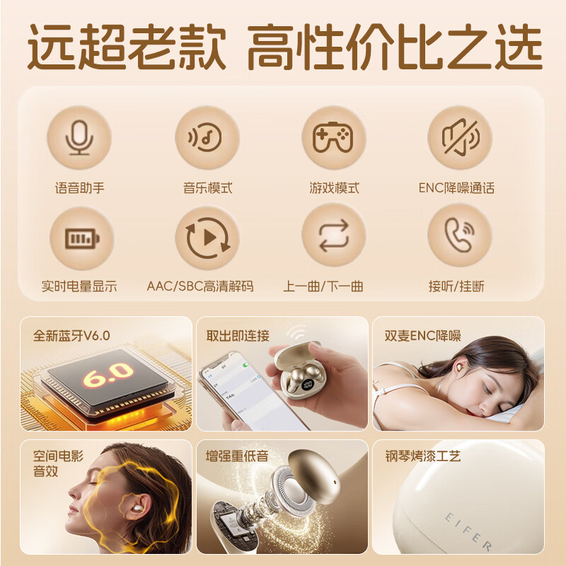 伊菲尔（Eifer）睡眠耳机无线蓝牙6.0入耳式降噪侧睡专用超轻佩戴舒适不硌耳无凸起长续航音乐游戏 【侧睡不压耳+蓝牙6.0】跃影黑 降噪睡眠豆顶配款