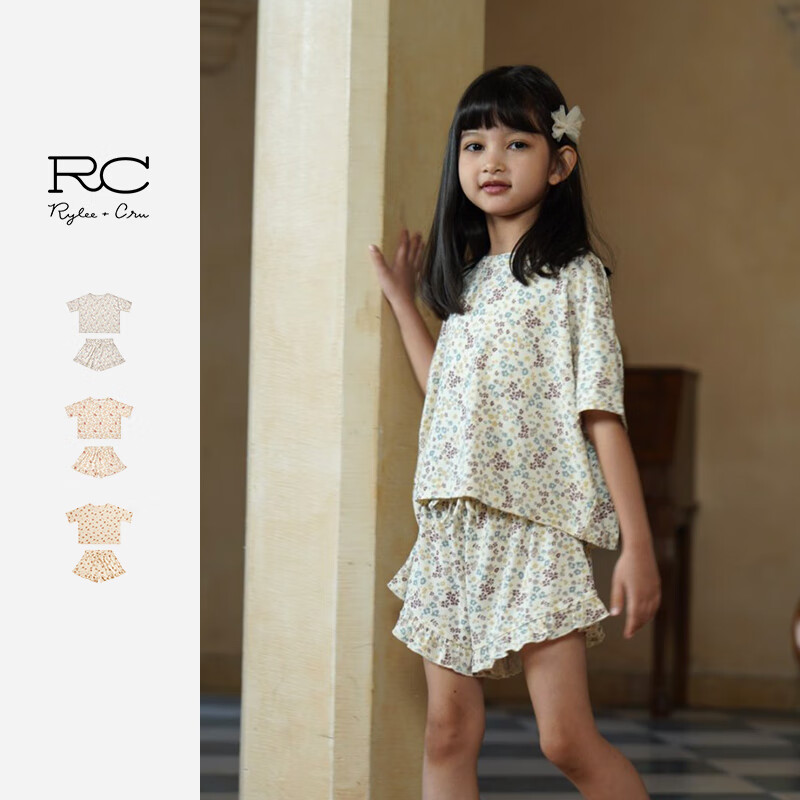 RYLEE+CRU女童碎花满印短袖T恤短裤套装夏季新款家居套装休闲睡衣套装 蓝紫碎花 100