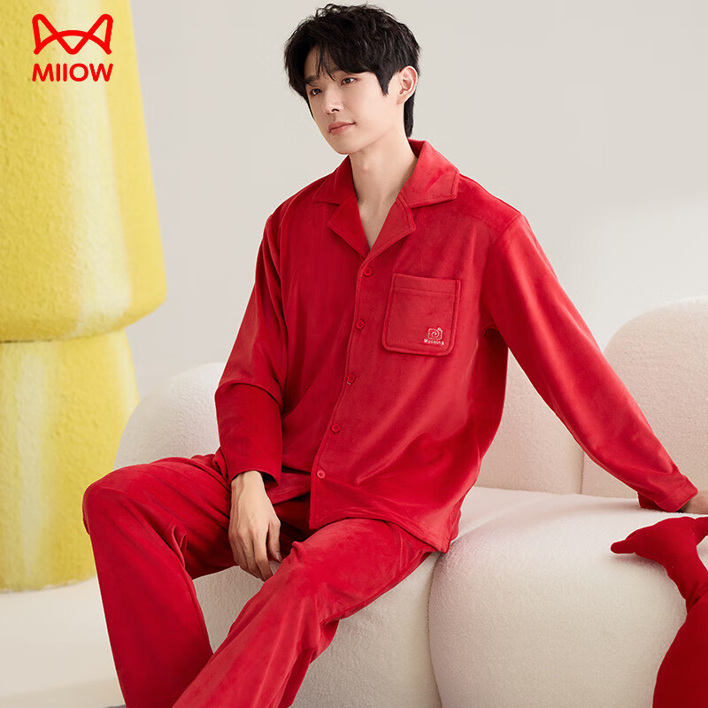 猫人（MiiOW）薄绒睡衣男士秋冬季2025新款保暖珊瑚绒短绒开衫男款加绒厚家居服 88646#男款AM XL