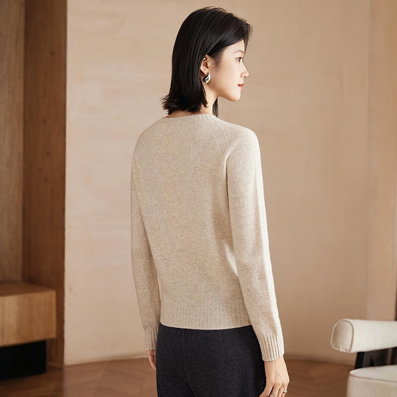 恒源祥【羊毛+羊绒】无缝一体圆领羊毛衫上衣女秋冬基础针织衫女装毛衣 杏色 S /160/84A