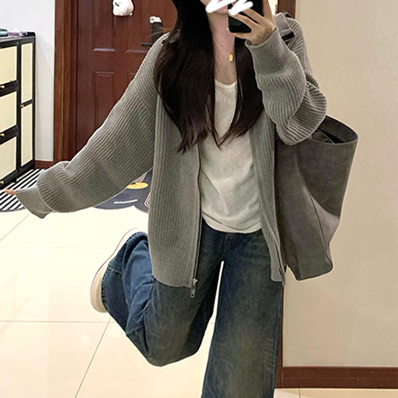 翊尚美针织衫外套女秋冬2025新款开衫可外穿拉链毛衣慵懒风宽松显瘦上衣 深灰色 【复古韩系抗起球】 均码 【适合80-140斤】