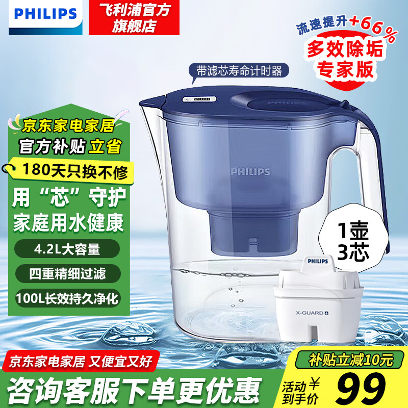 飞利浦（PHILIPS）净水壶 滤水壶 家用过滤壶 厨房自来水过滤器 滤水器 过滤器滤芯 便携净水杯 AWP2814蓝色/白色  极光蓝 专家版1壶3芯