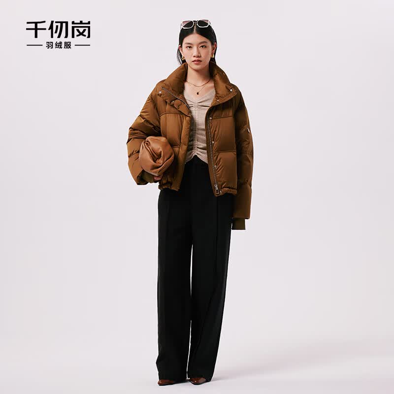 千仞岗冬季女士复古短款立领羽绒服宽松保暖外套 芥末咖 XL (170)