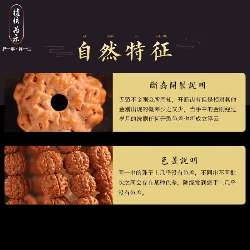 檀核为乐原生态五瓣小金刚菩提手串108颗双龙纹蛤蟆背树祖配饰 本命年礼物 五瓣小金刚10-11mm*108颗