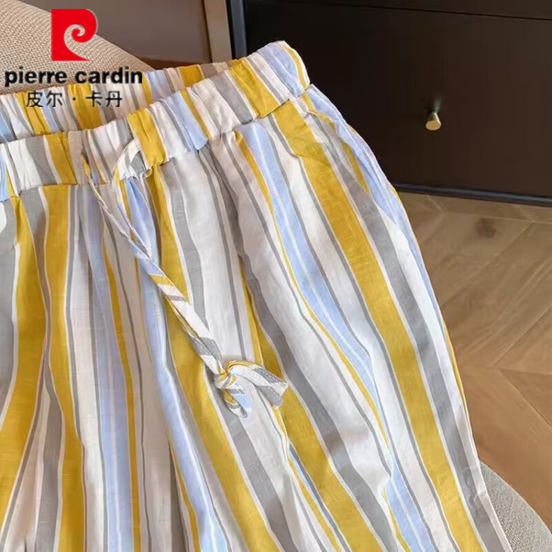 皮尔卡丹特大码80-300斤减龄撞色竖条纹松紧腰休闲裤夏季宽松显瘦阔腿裤 黄色 XL 110-130
