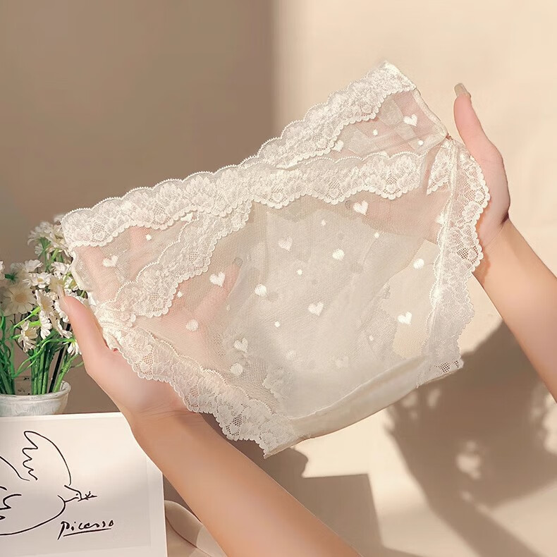 稚蝶内裤女 无痕透气低腰纯棉裆 镂空花边三角裤 贵妇蕾丝 混色 肤色+绿色+粉色+黑色随机 4条 XL 170/95