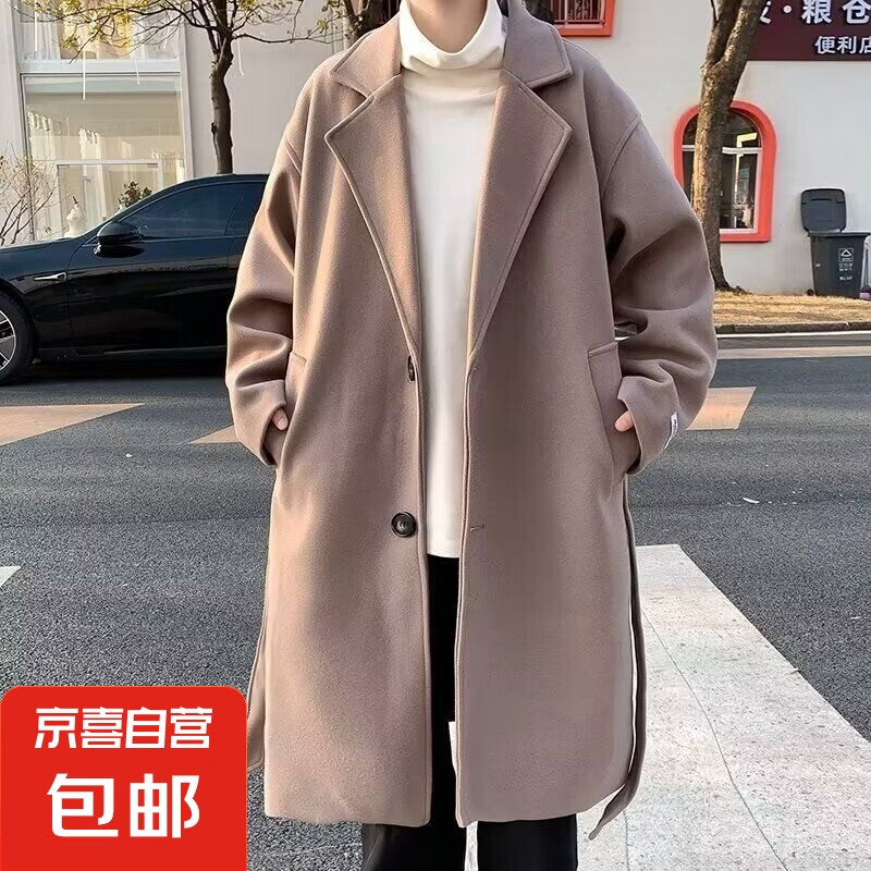 毛呢大衣男秋冬季保暖中长款男士韩版潮流宽松风衣男英伦披风外套 卡其色 3XL