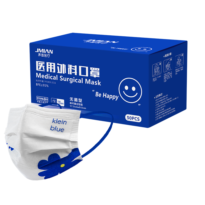 界面醫(yī)用外科口罩成人防護(hù)滅菌級(jí)三層透氣50只獨(dú)立包裝克萊因笑臉圖案