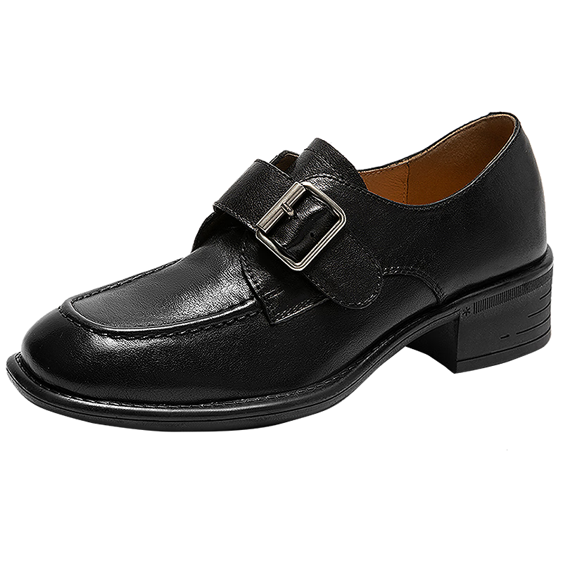 千百度【胡連馨同款】厚底真皮樂福鞋女2025秋季新款皮鞋深口單鞋 黑色 34 (220mm)