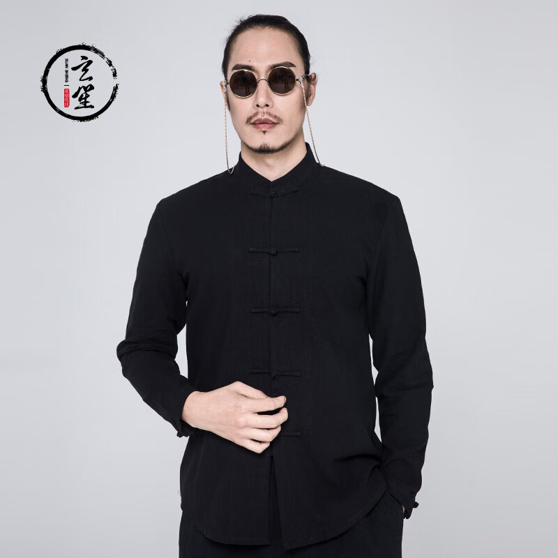 玄笙中国风棉麻衬衫男春秋唐装男宽松休闲长袖衬衣中式复古男装 黑色 S 建议体重:95-115斤
