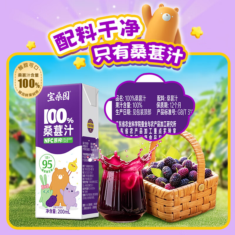 宝桑园100%NFC桑葚汁200ml*12盒 果蔬汁健康饮料 200ml*12盒
