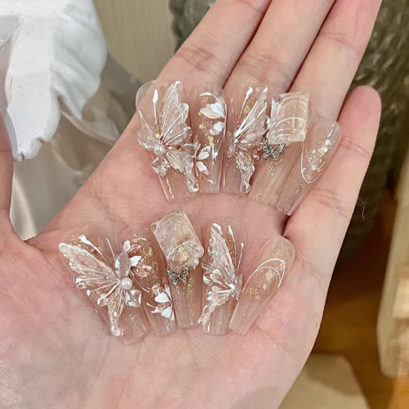 我的七天美甲貼片手工穿戴甲甲片批發(fā)碎鉆閃粉長款指甲貼成品果凍膠春 【店長推薦】金粉玉翅#BY1367 10片 穿戴工具包款