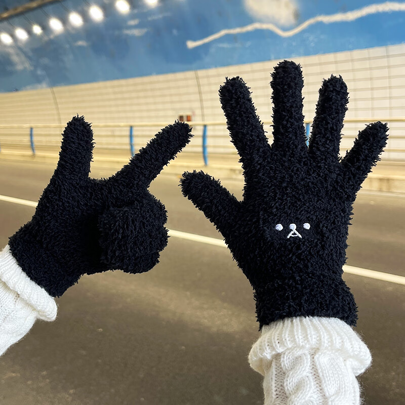 南婕刺绣小熊情侣保暖手套冬季2025新款可爱加绒骑行防风防寒骑车 加厚小黑熊【软萌萌】1双 1双 无规格