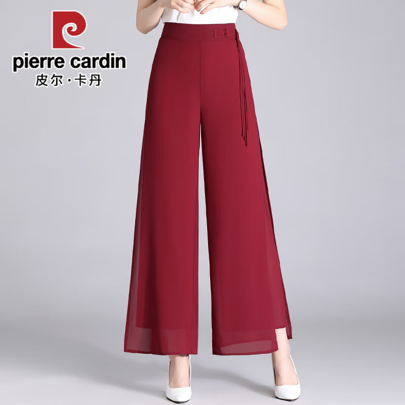 皮爾卡丹（pierre cardin）雪紡闊腿褲女夏季薄款長褲新中式垂感開叉國風褲子高腰寬松直筒褲 2024紅色2025 L 合適101-110斤體重