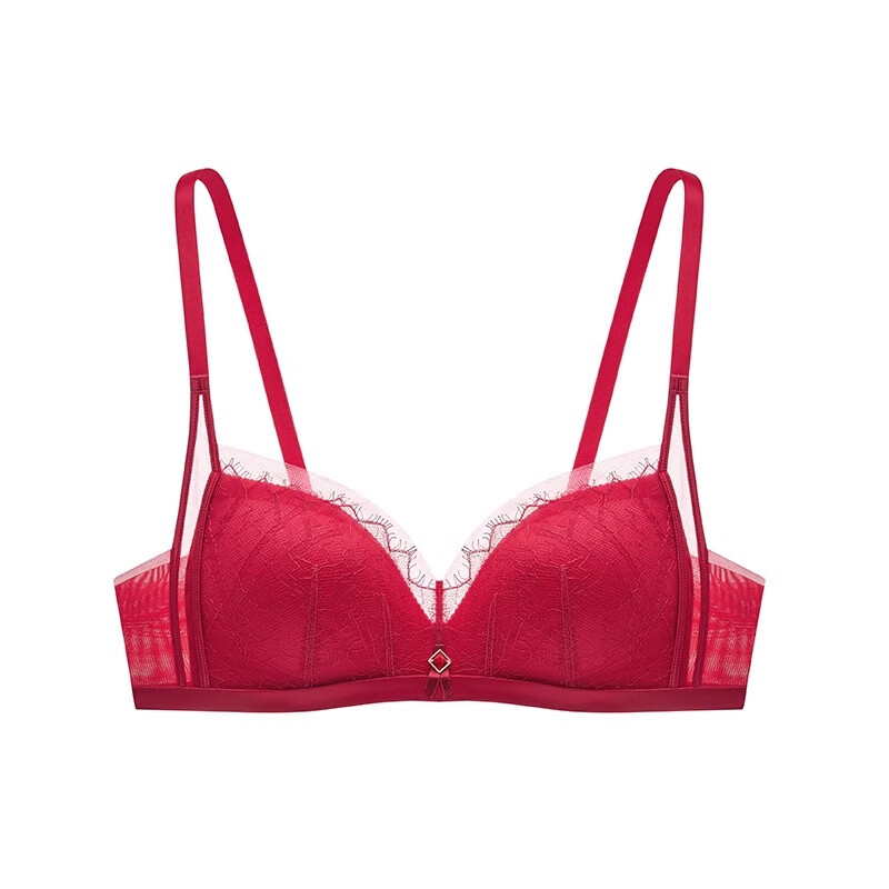 曼妮芬[朱珠同款]睫毛蕾丝美背文胸女士无钢圈聚拢舒适本命年红聚拢内衣 撞色红 80B