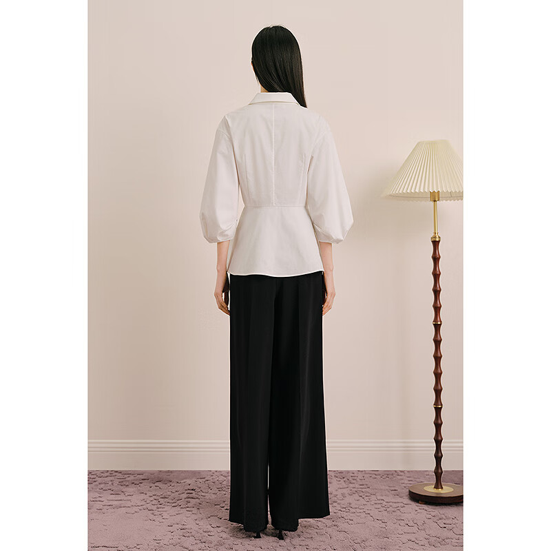 OBBLIGATO奥丽嘉朵2025夏季新款灯笼袖D字扣不对称打褶收腰衬衫 本白 S