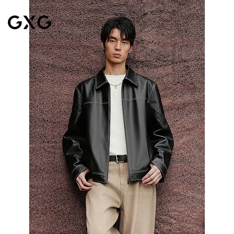 GXG男装 【牛皮】25年秋新款皮衣外套翻领时尚夹克 黑色 180/XL