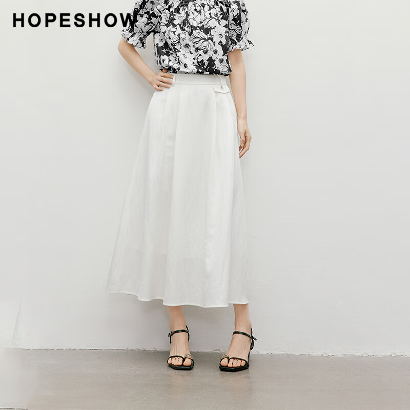 紅袖（hopeshow）白色半身裙夏季新款復古壓褶中腰甜美初戀裙 本白001 S