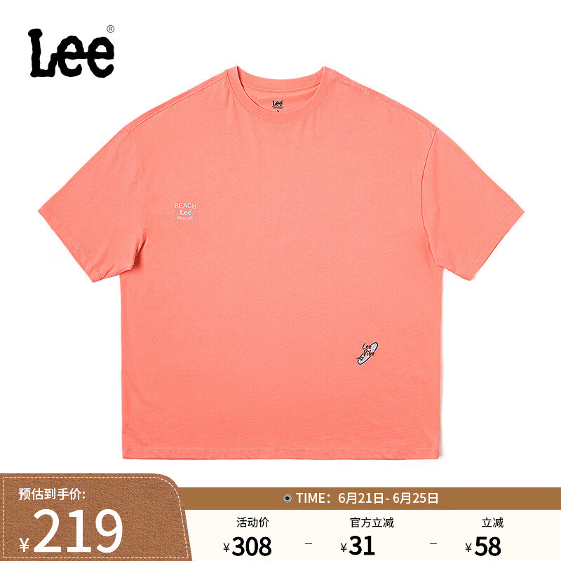 Lee商场同款宽松版圆领印花图案设计女短袖T恤LWT0077573RT 橘粉色 S