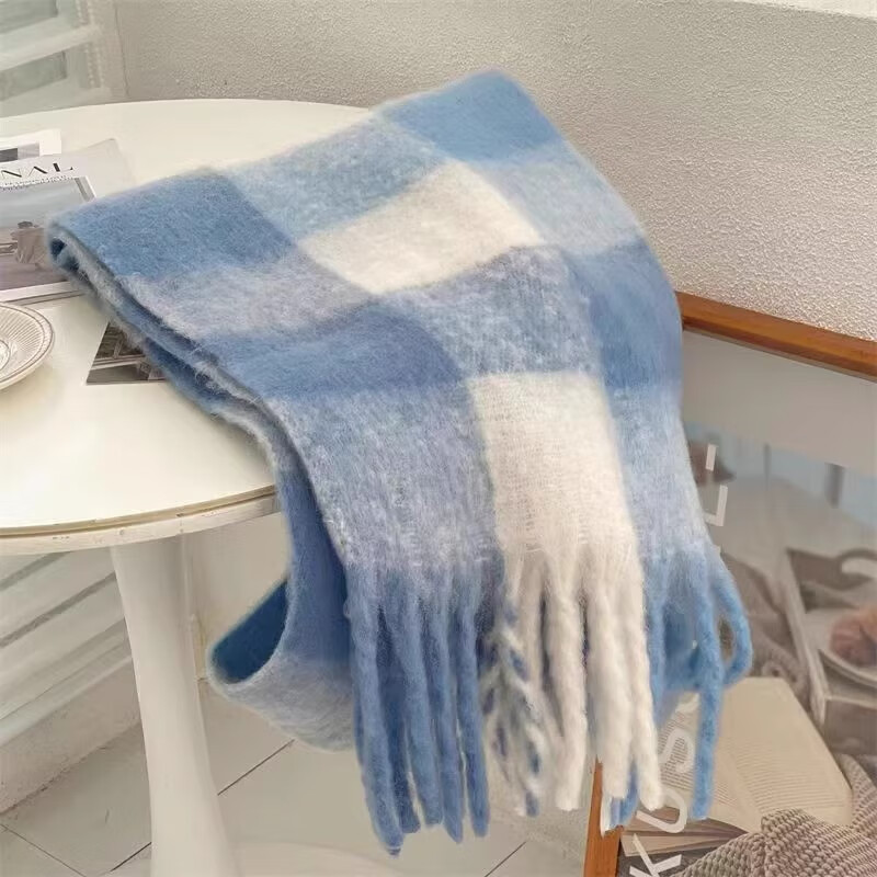 蝴蝶少女杨超越同款围巾女冬季两用韩版披肩保暖格子加厚围巾2025新款围脖 蓝白格子 【杨超越同款】