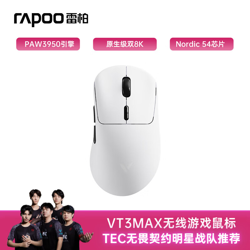 雷柏（Rapoo）VT3二代中大手有线/无线双模游戏鼠标 轻量化设计 原生级双8K回报率 右手人体工学 Nordic 54系列 VT3MAX黑白【原相3950】